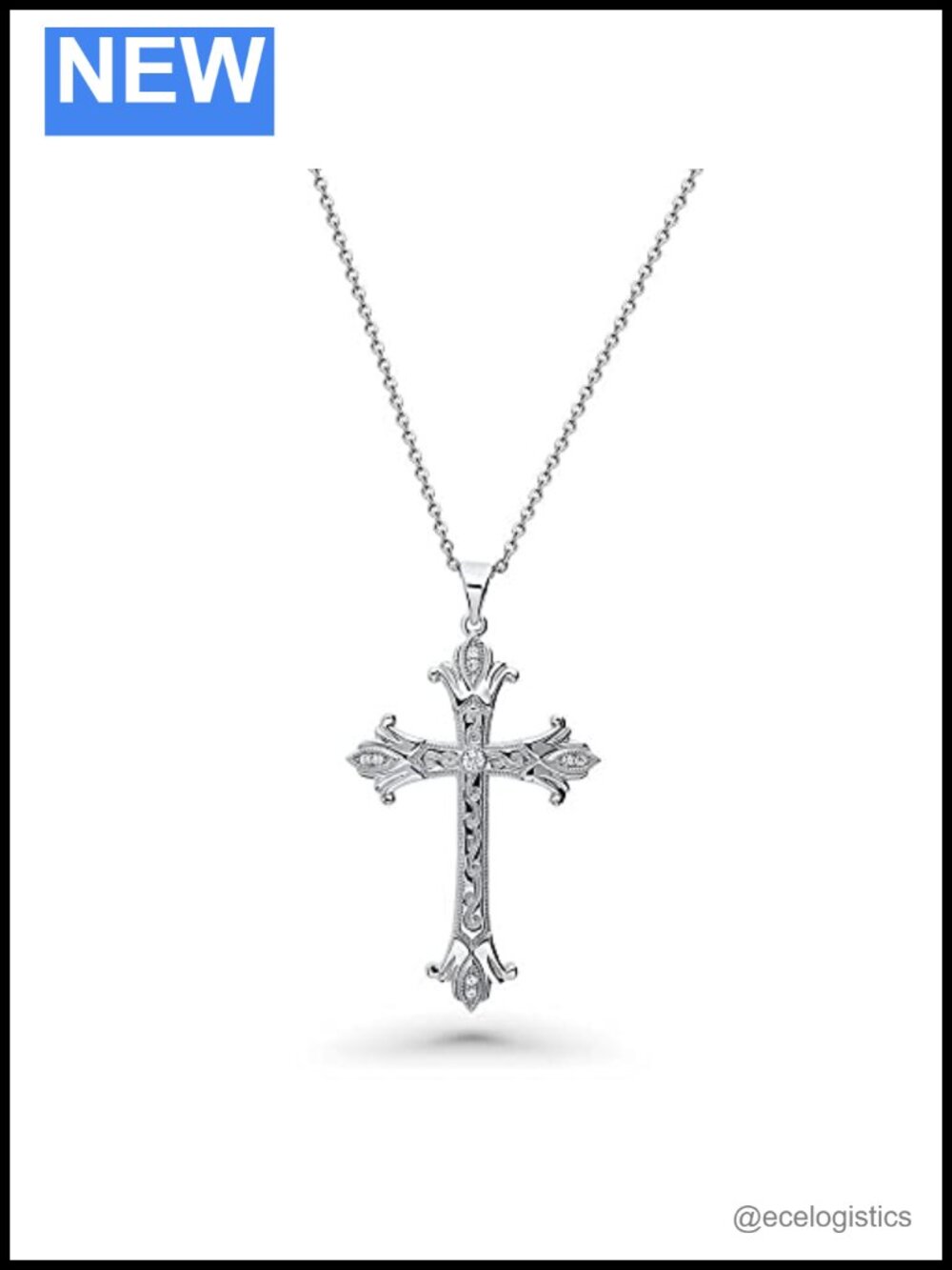 Sterling Silver CZ Cross Pendant Necklace 18" Rolo Chain Lobster Clasp